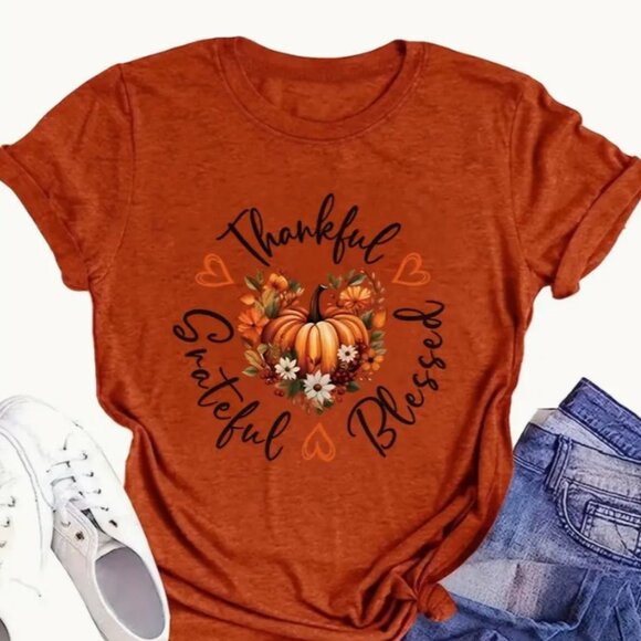 Tops - Small - Halloween Pumpkin Print Crew Neck T-Shirt, Casual Short Sleeve T-Shirt